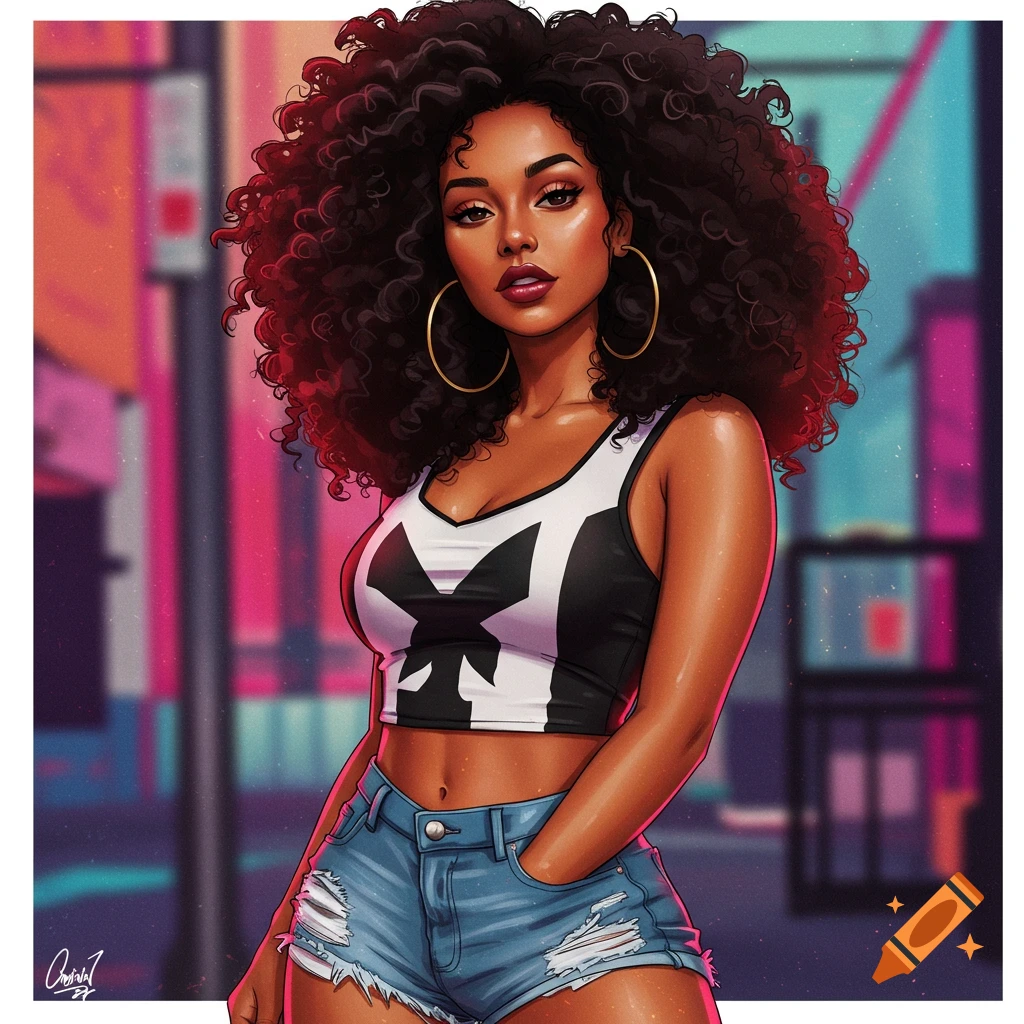 A woman with curly hair in a crop top and shorts in an urban setting.
