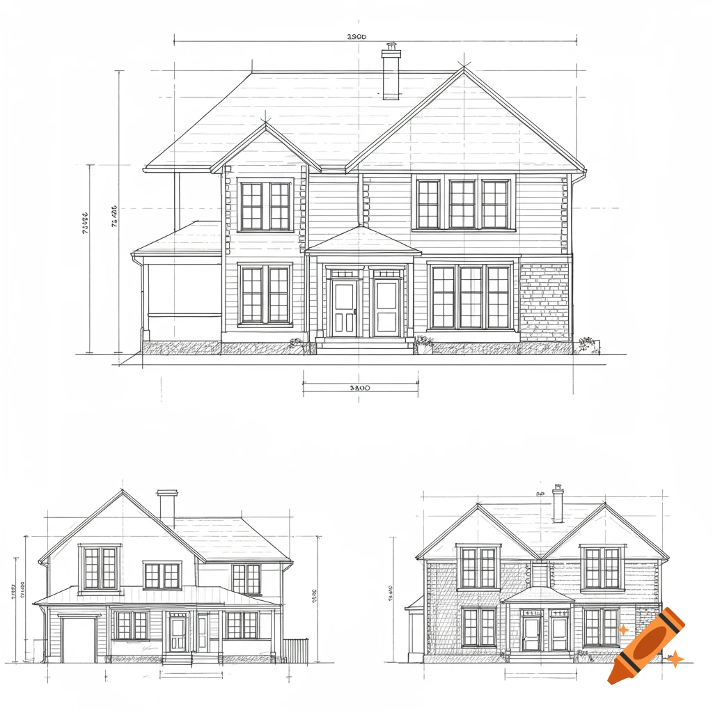 Orthographic line drawings of a house.