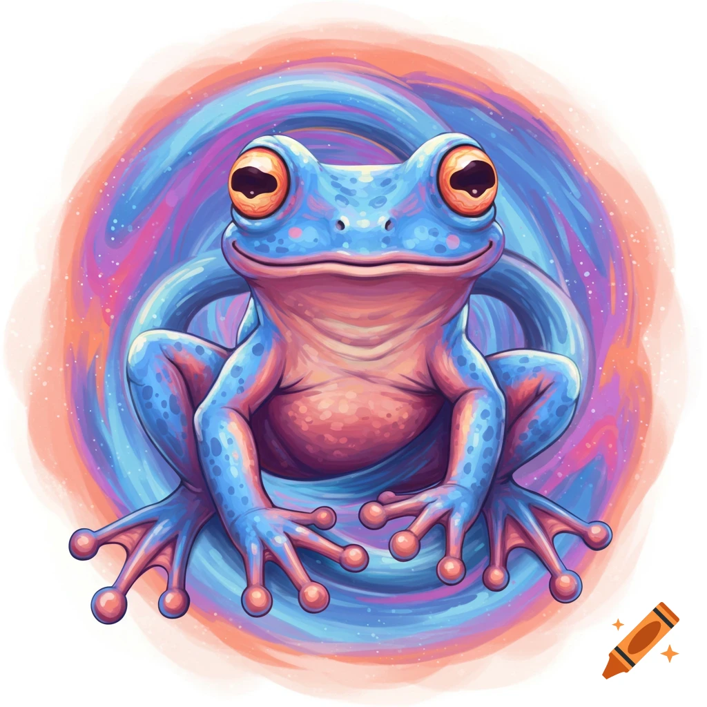 A colorful blue and pink frog with orange eyes is sitting against a swirling backdrop.
