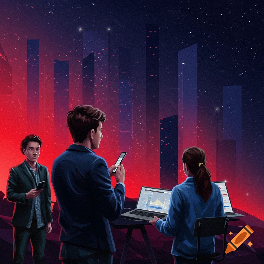 Three people are looking at phones and laptops with data visualizations, against a red and blue abstract background with geometric shapes.