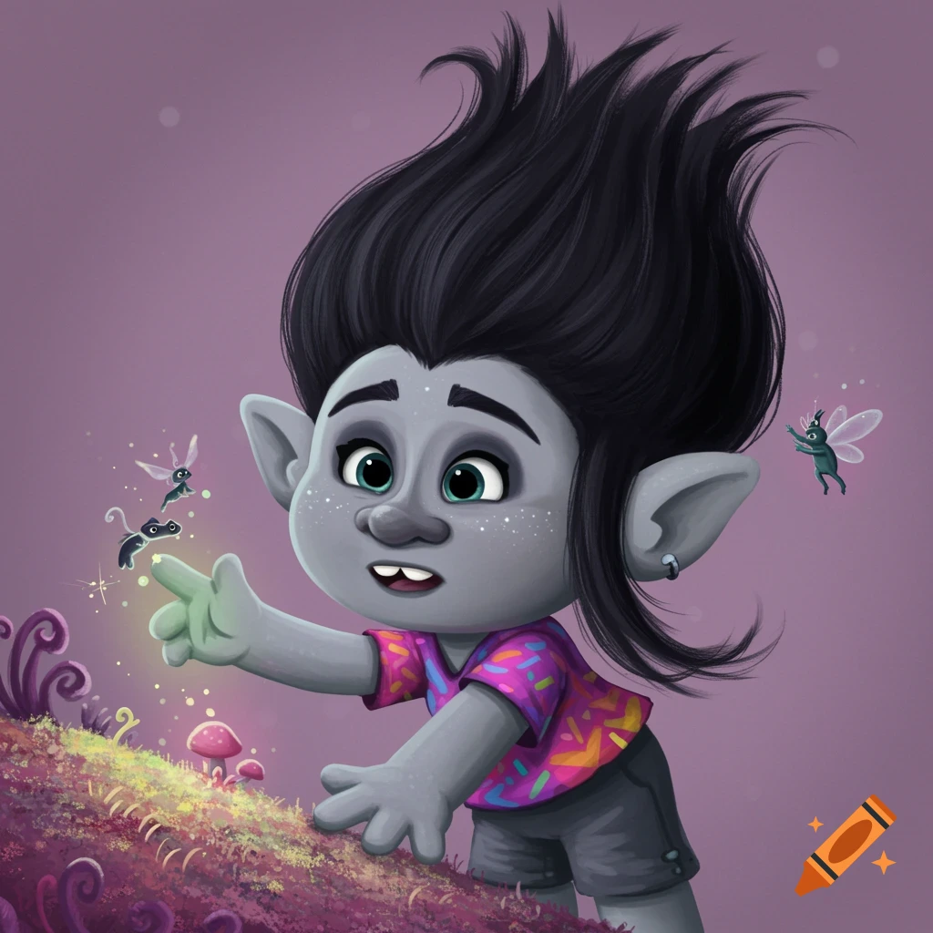 Cartoon troll reaching out to tiny winged creatures and glowing mushrooms in a whimsical setting.