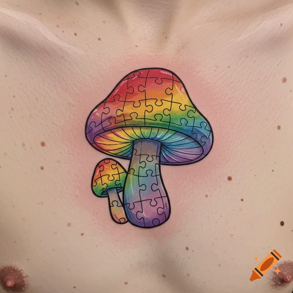 A colorful rainbow mushroom puzzle piece tattoo on a person's chest.
