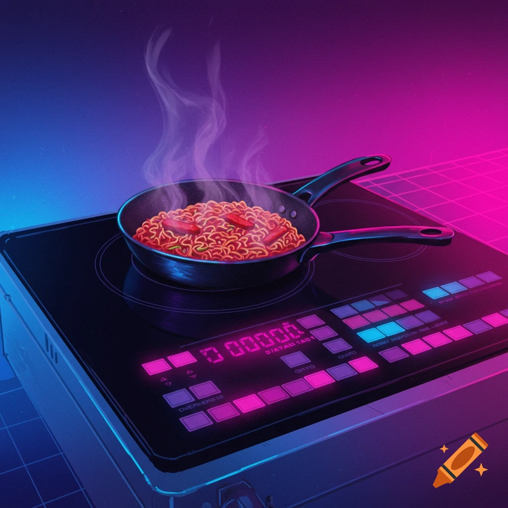A pan of noodles cooking on a retro 80s stove in a synthwave style.