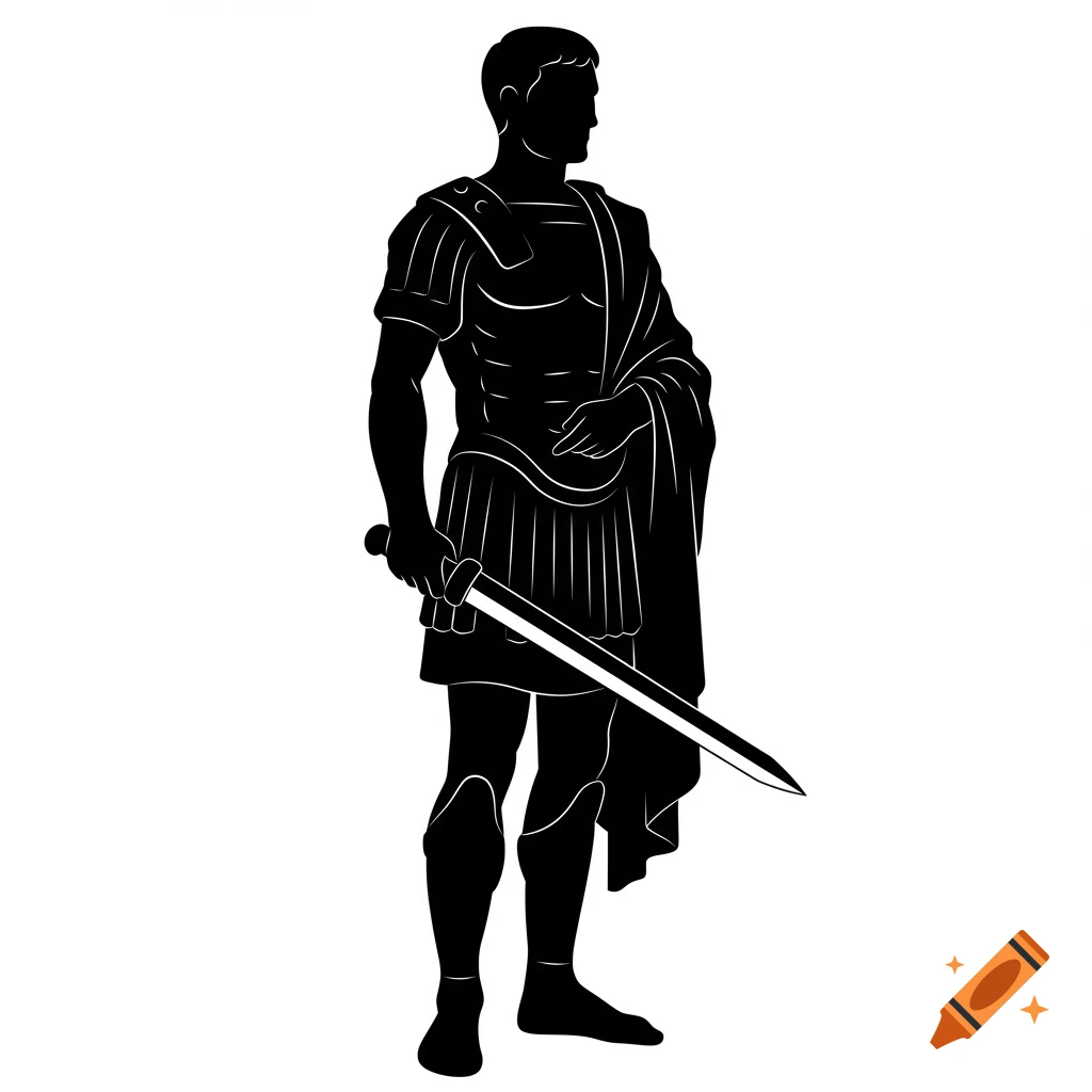 Black silhouette of a Roman figure in partial armor and toga, holding a sword point down.