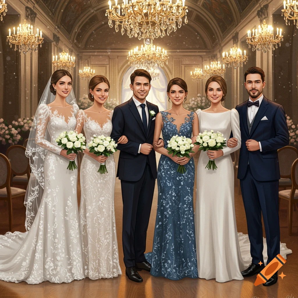 A wedding party in a grand hall with chandeliers.