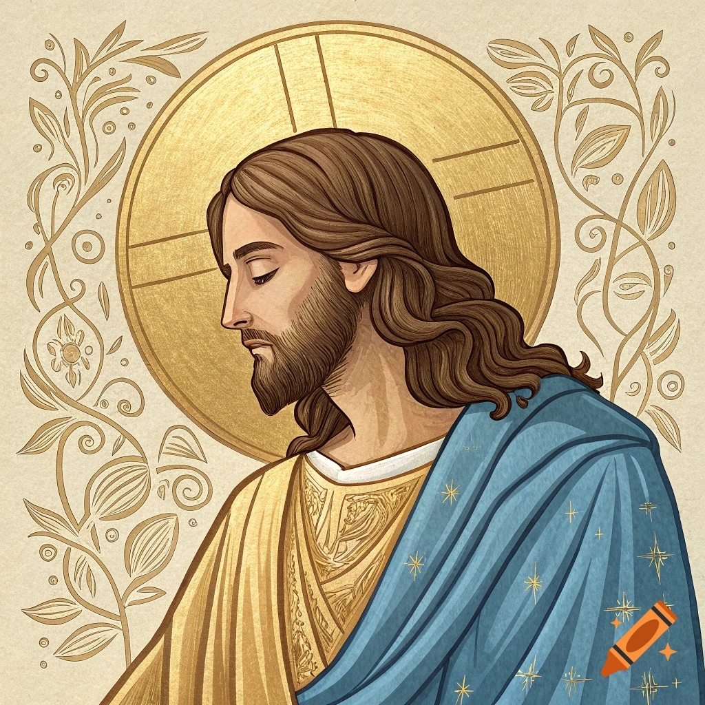 Stylized icon of Jesus in profile with a golden halo and decorative patterns.