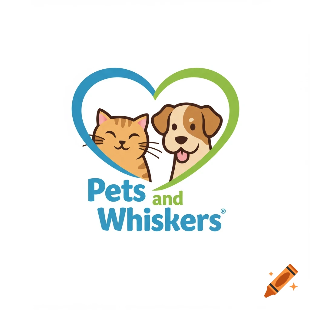 Cartoon logo of a cat and dog in a heart shape with the text 'Pets and Whiskers'