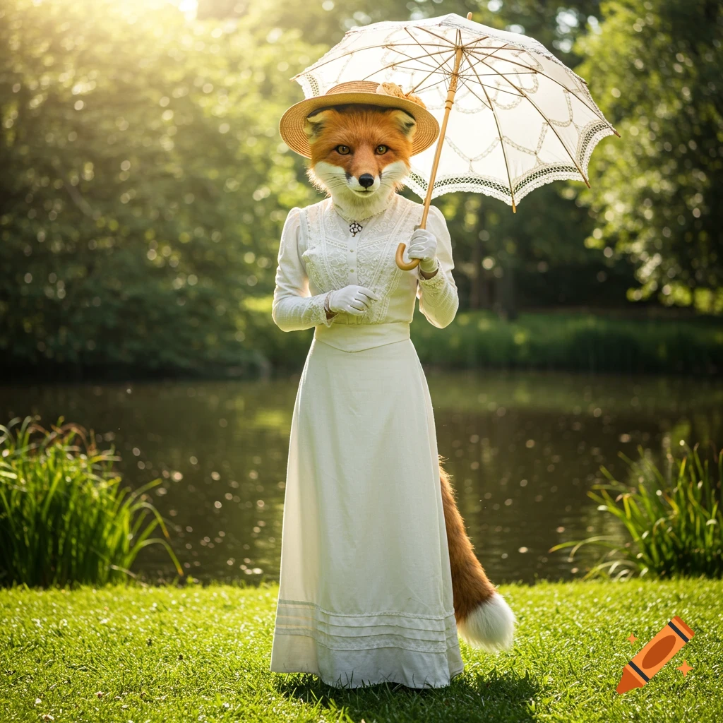 An anthropomorphic red fox woman in an Edwardian dress and hat stands in a sunny park by a pond, holding a parasol.