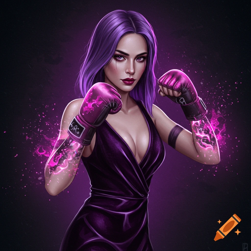 A woman with purple hair stands in a boxing stance, wearing a purple dress and glowing pink boxing gloves.