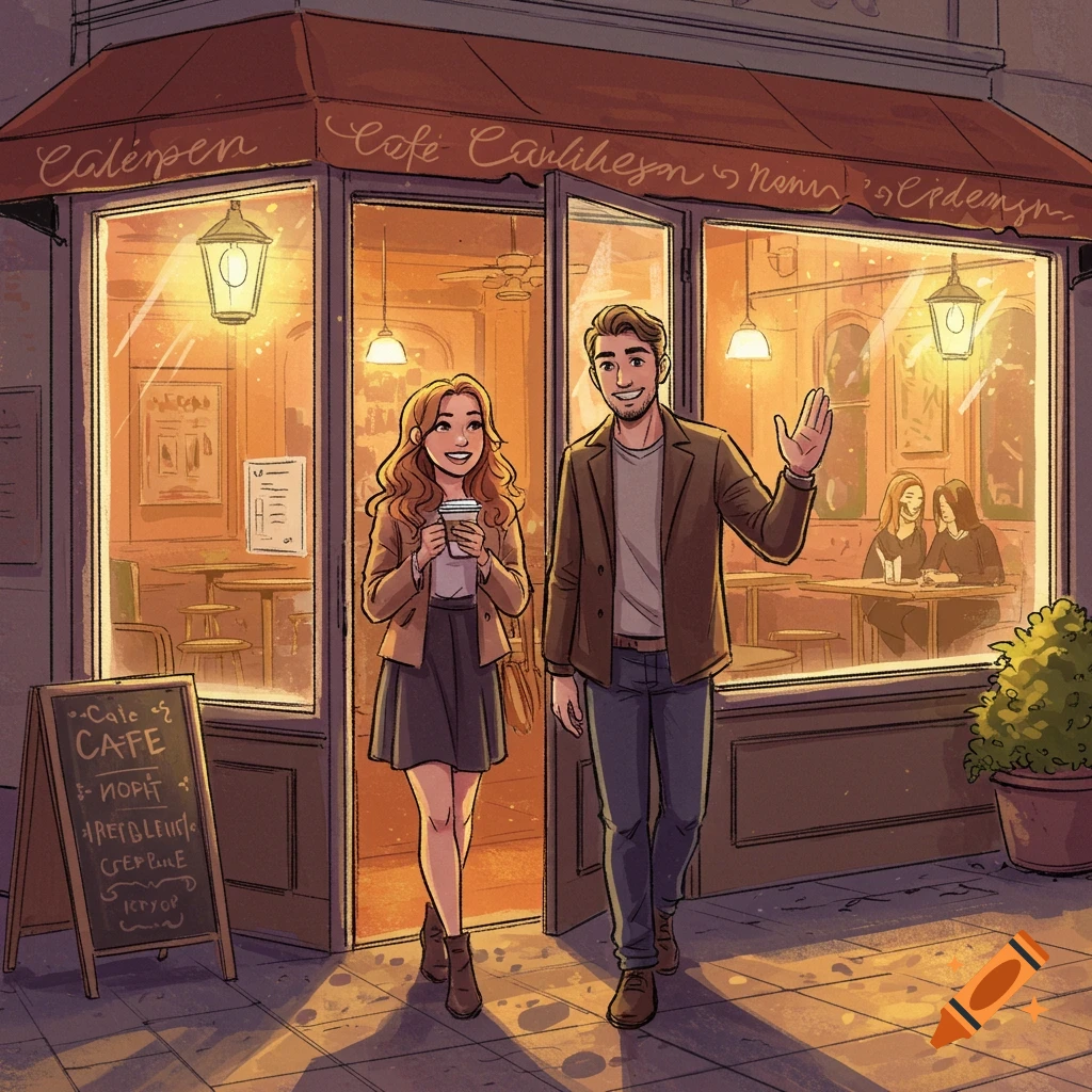 Illustration of a couple leaving a cafe in a sketch style.