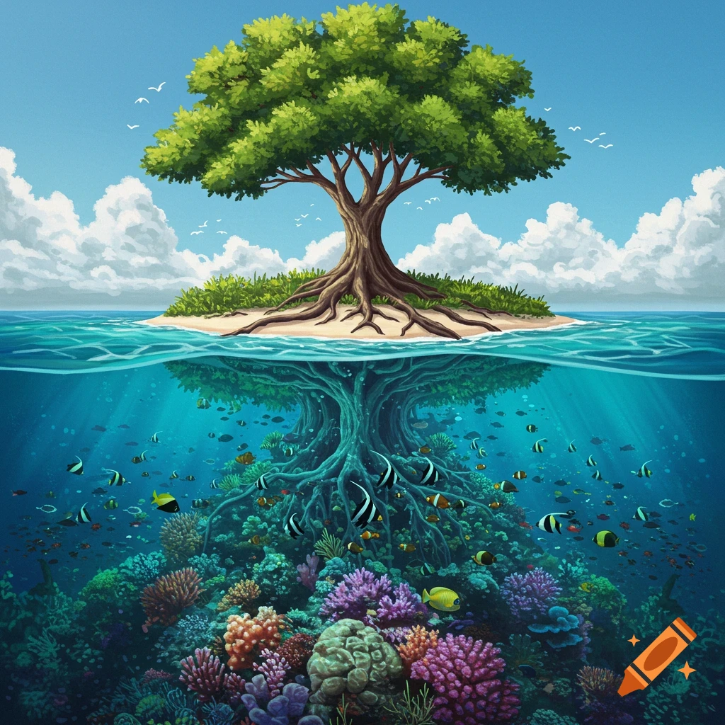 A tree stands on an island, its roots extending into a coral reef teeming with colorful fish.