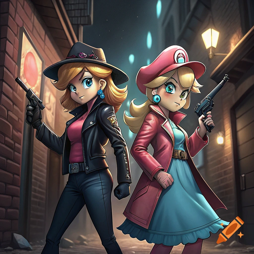 Anime-styled women resembling Peach and Daisy in gangster attire, holding guns in a dark alley.