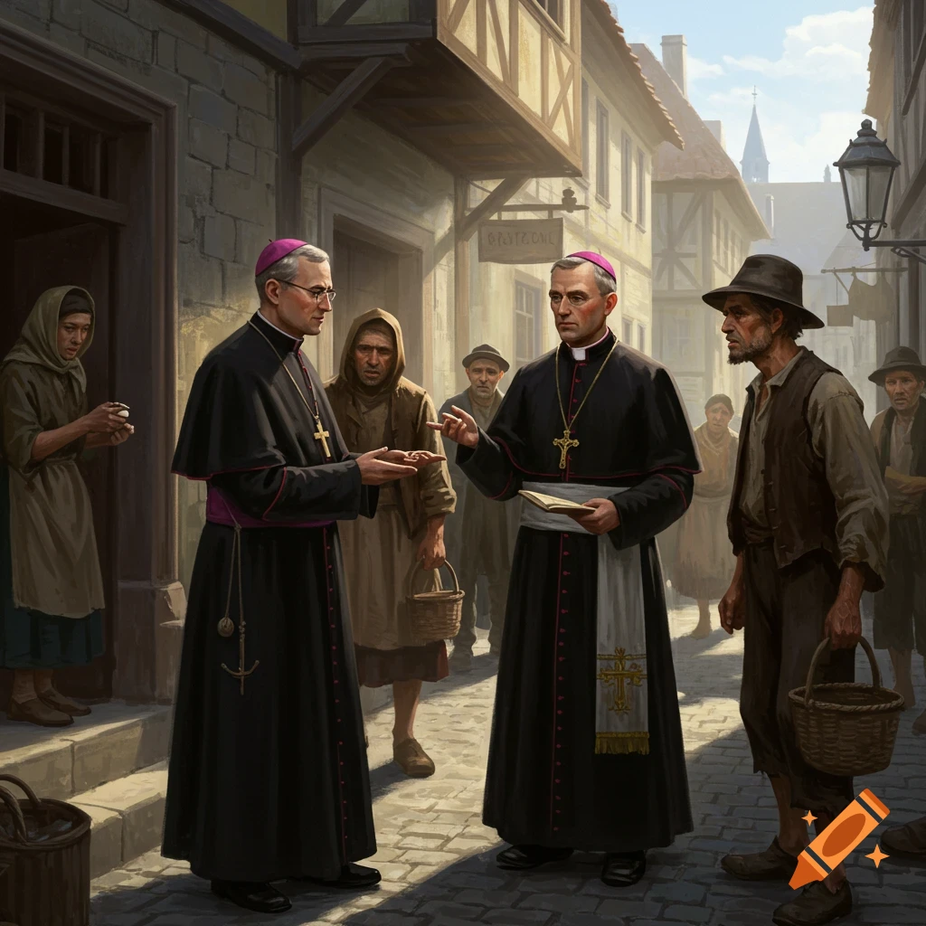 Two Catholic priests interacting with poor people on a historical street.