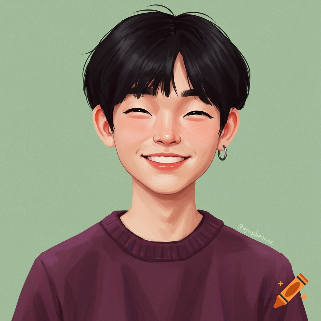 Portrait of a smiling young person with black hair wearing a purple sweater.