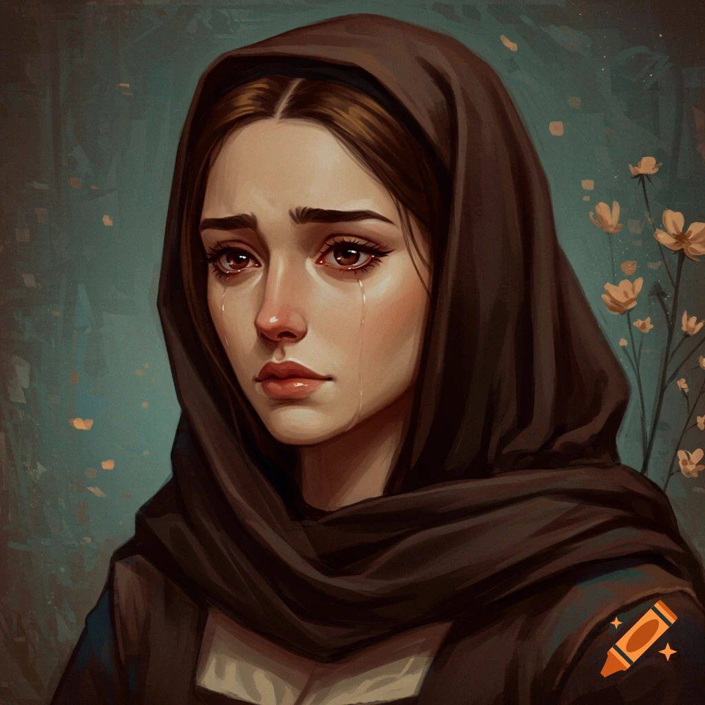 Portrait of a sad young woman in a headscarf with tears.