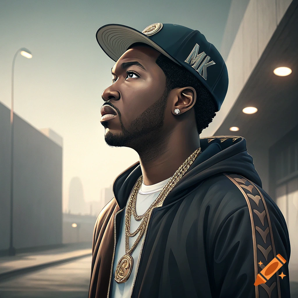 Man wearing a baseball cap and gold chains looks up in an urban setting.