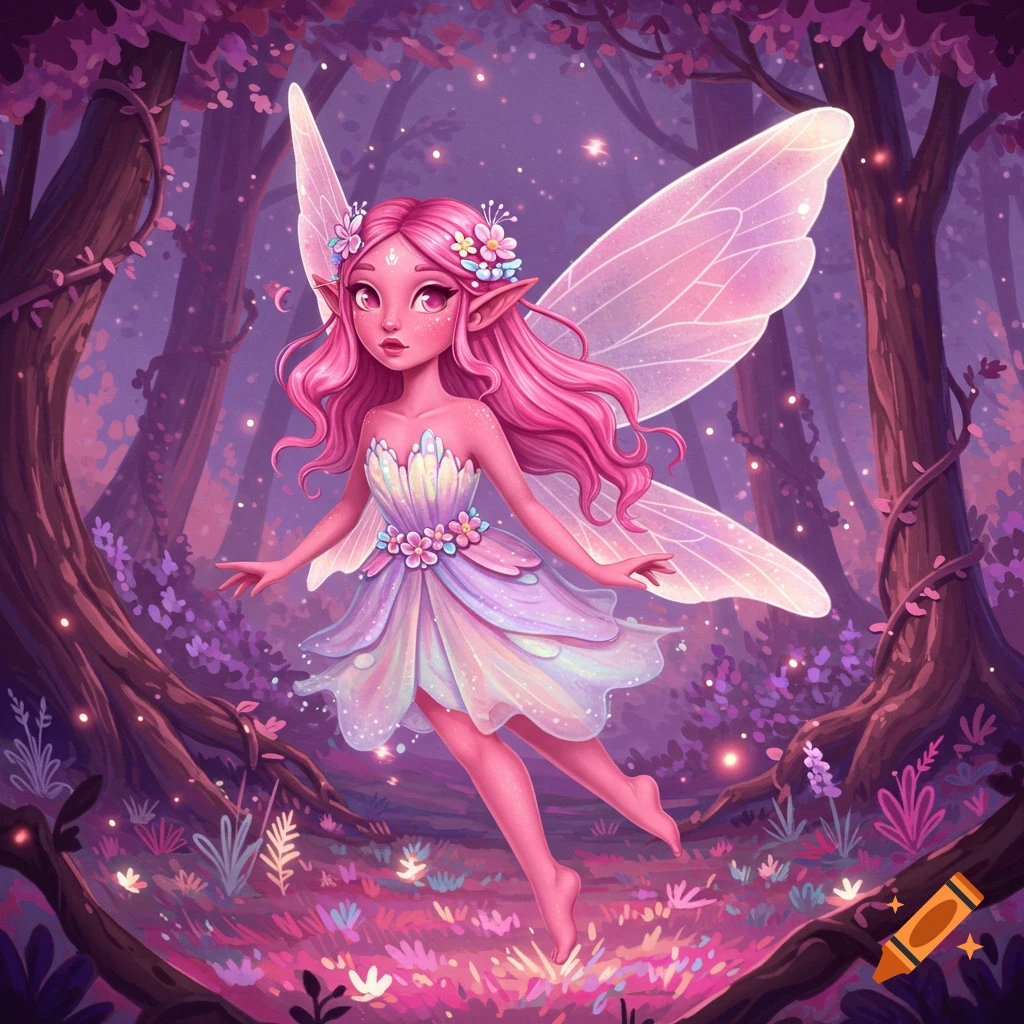 A pink fairy with glowing wings flies in a magical purple forest.