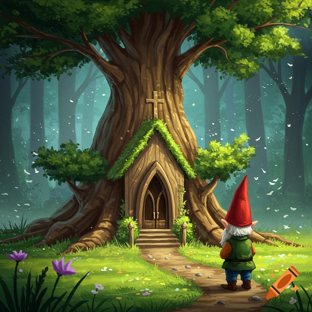 Painting of a gnome walking on a path towards a church built into a large tree in a forest clearing.
