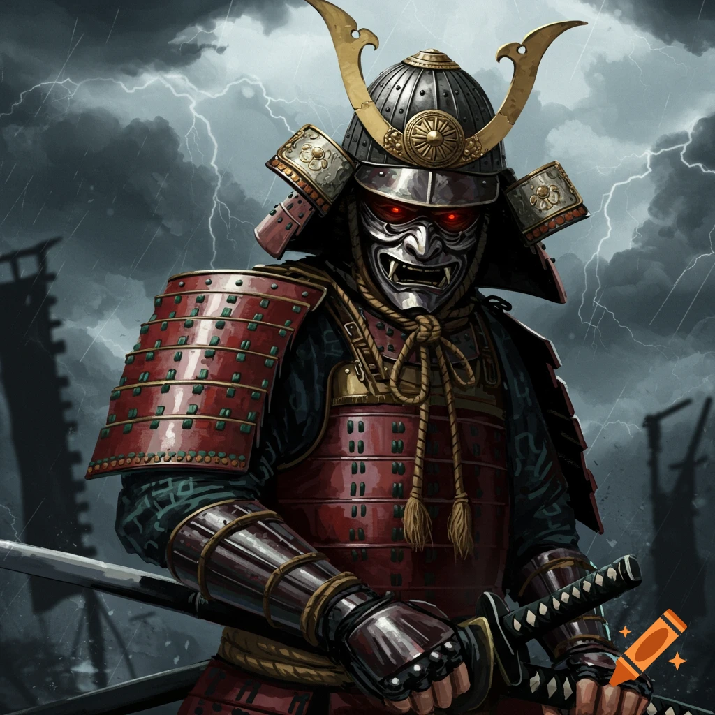 A samurai warrior in red and black armor with red eyes, holding a sword against a stormy sky with lightning strikes.