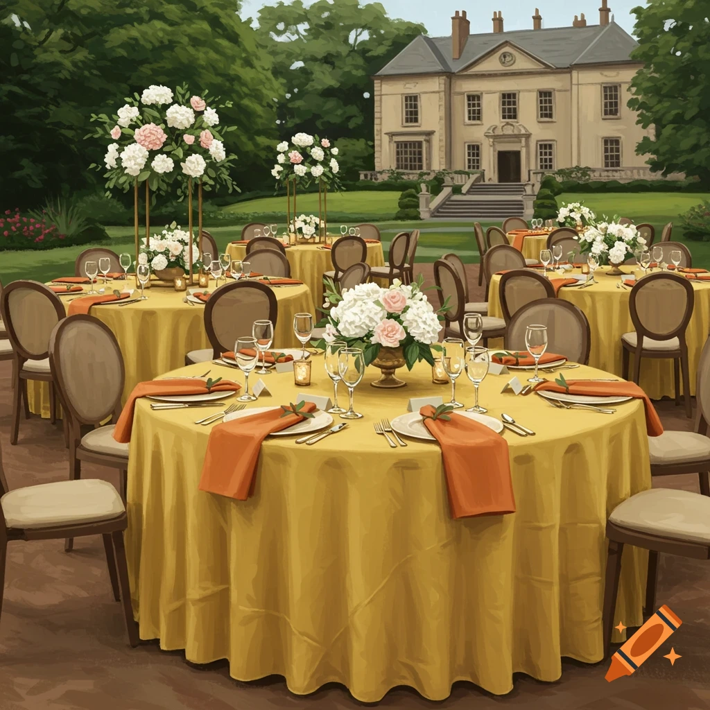 An outdoor wedding reception is set up with round tables, each featuring a yellow tablecloth, orange napkins, and floral arrangements.  The reception is in front of a large house.