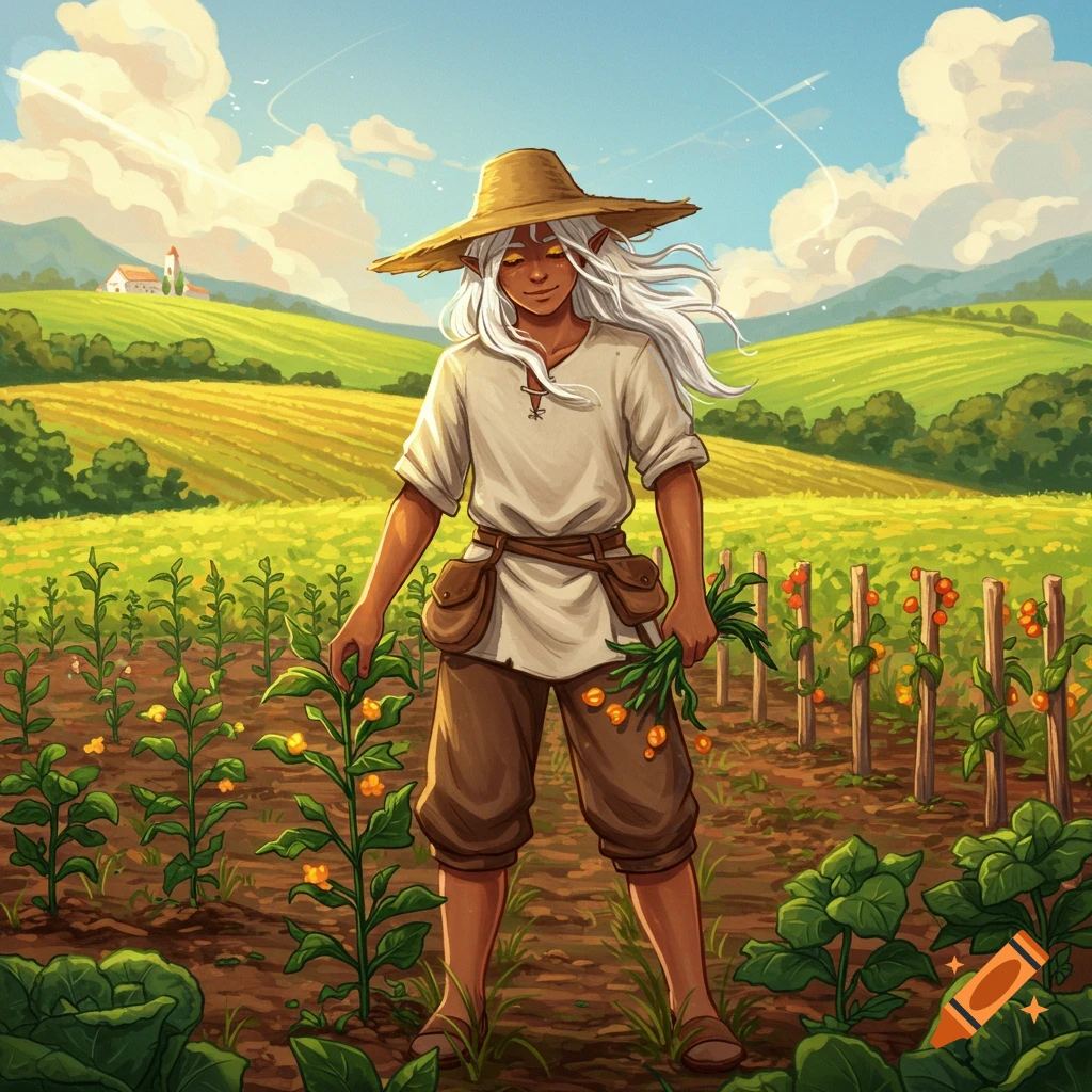 A fantasy farmer with white hair is standing in a field holding vegetables.