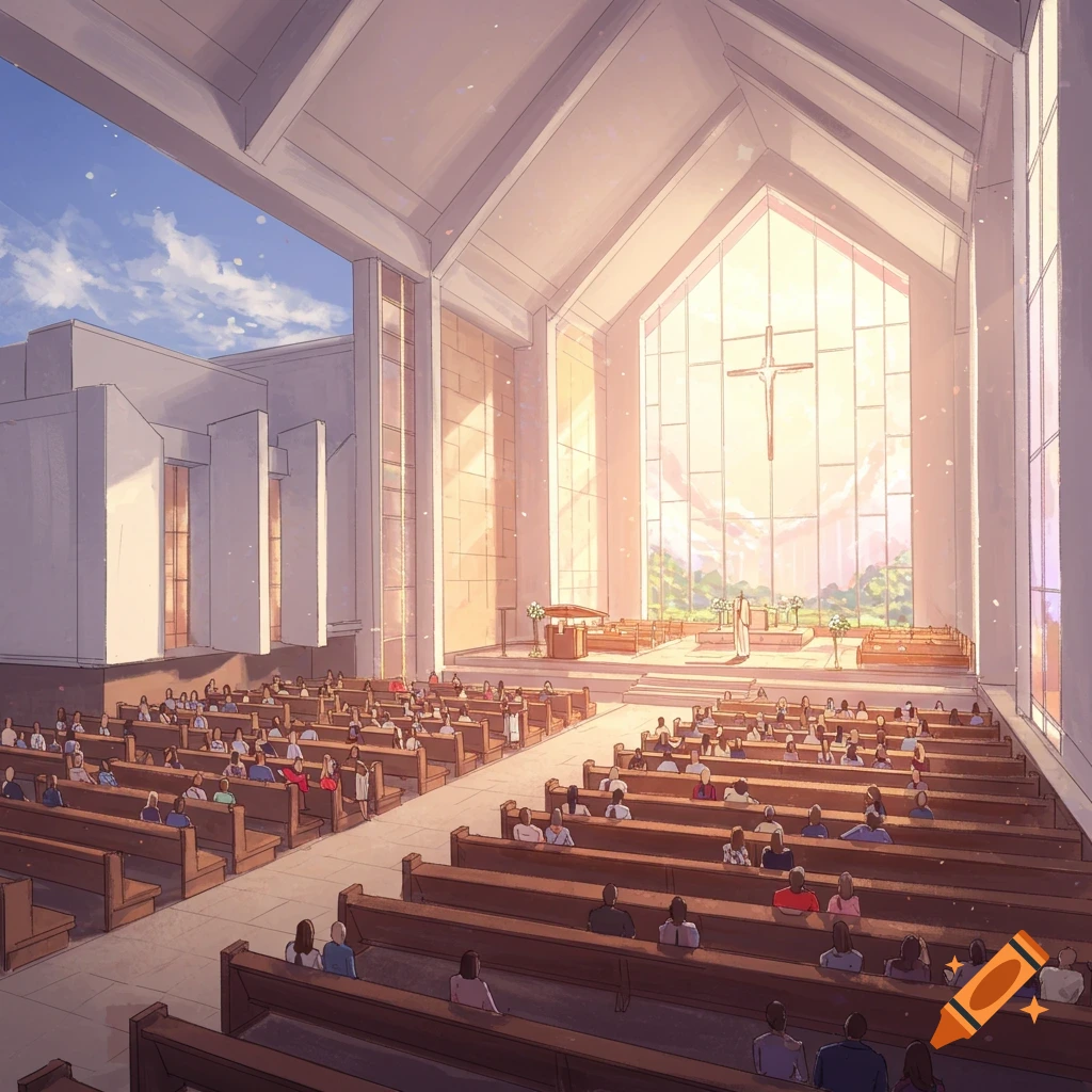 The interior of a large church with people sitting in pews, sunlight streams through a large window with a cross.