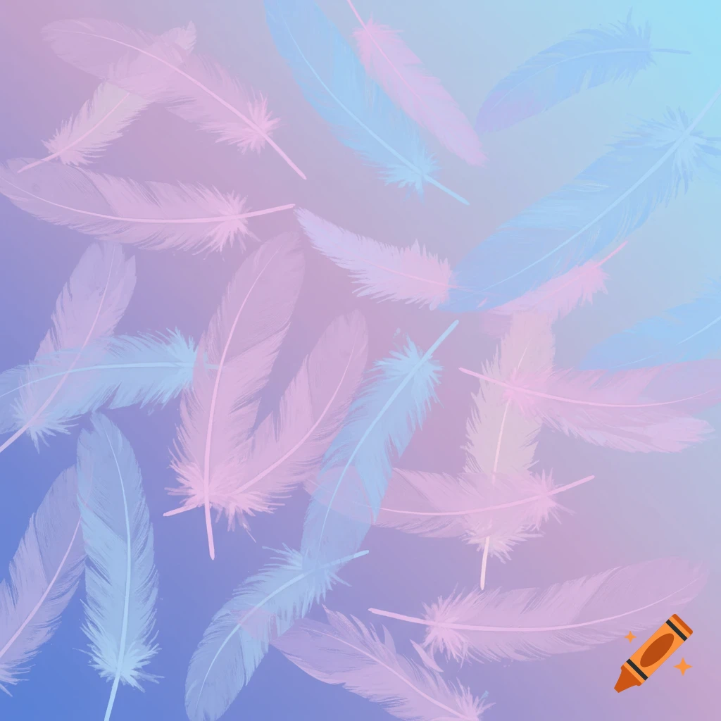 Many soft blue and pink feathers floating on a gradient background.