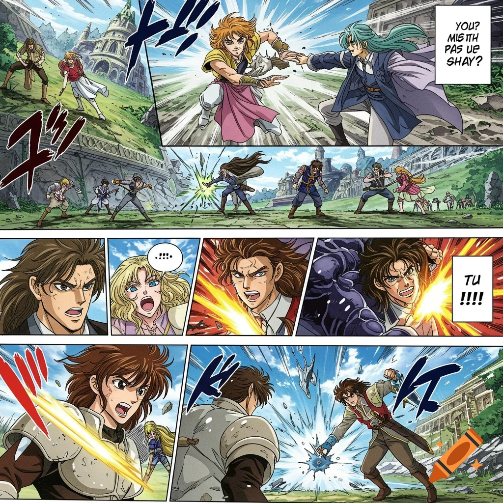 Manga panels showing characters fighting with energy blasts and swords, with sound effects.