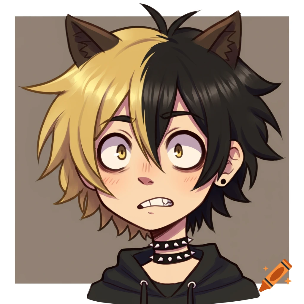 Anime character headshot with split blonde/black hair, cat ears, startled expression, studded collar