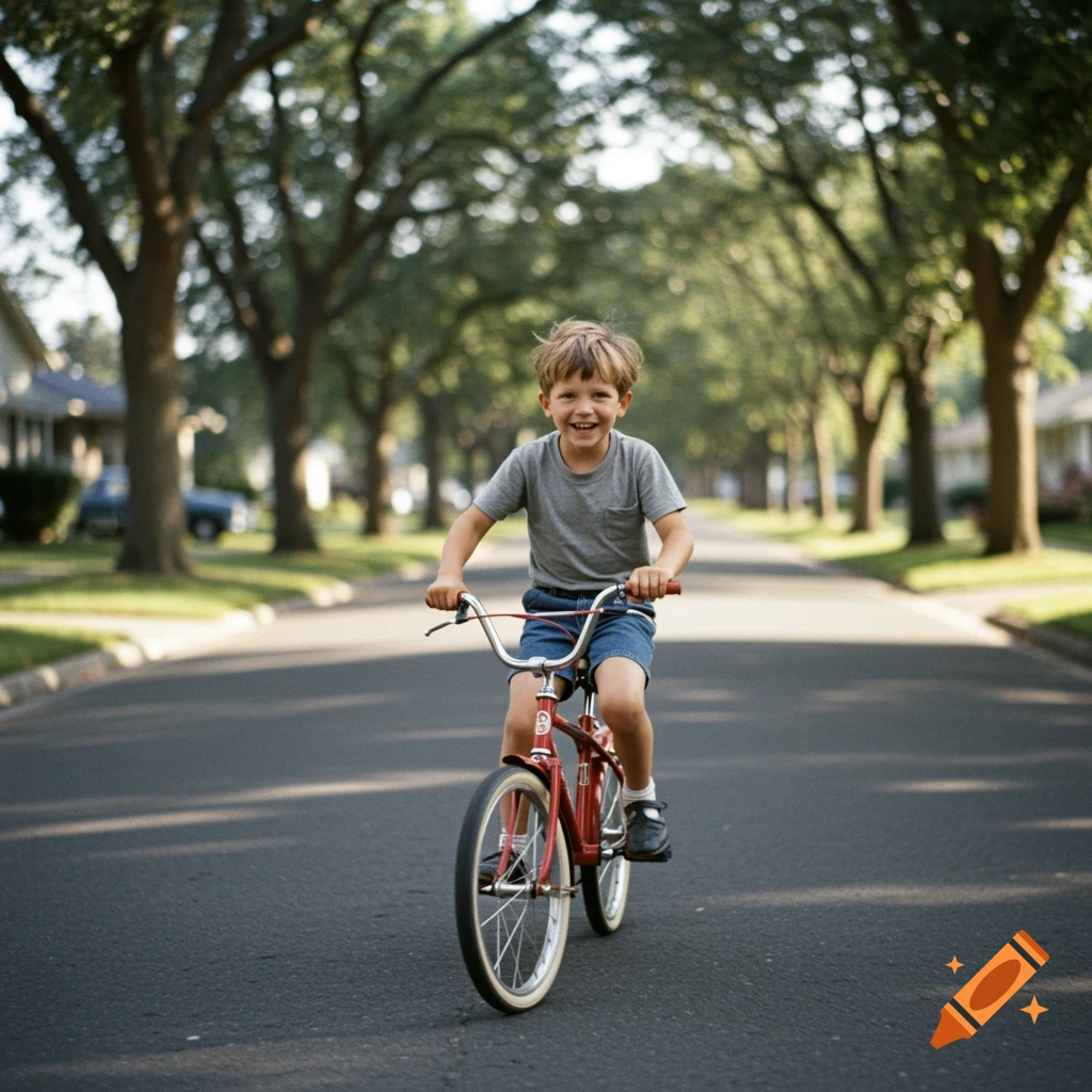 Young boy riding a red bicycle down a tree-lined suburban street, vintage photo style