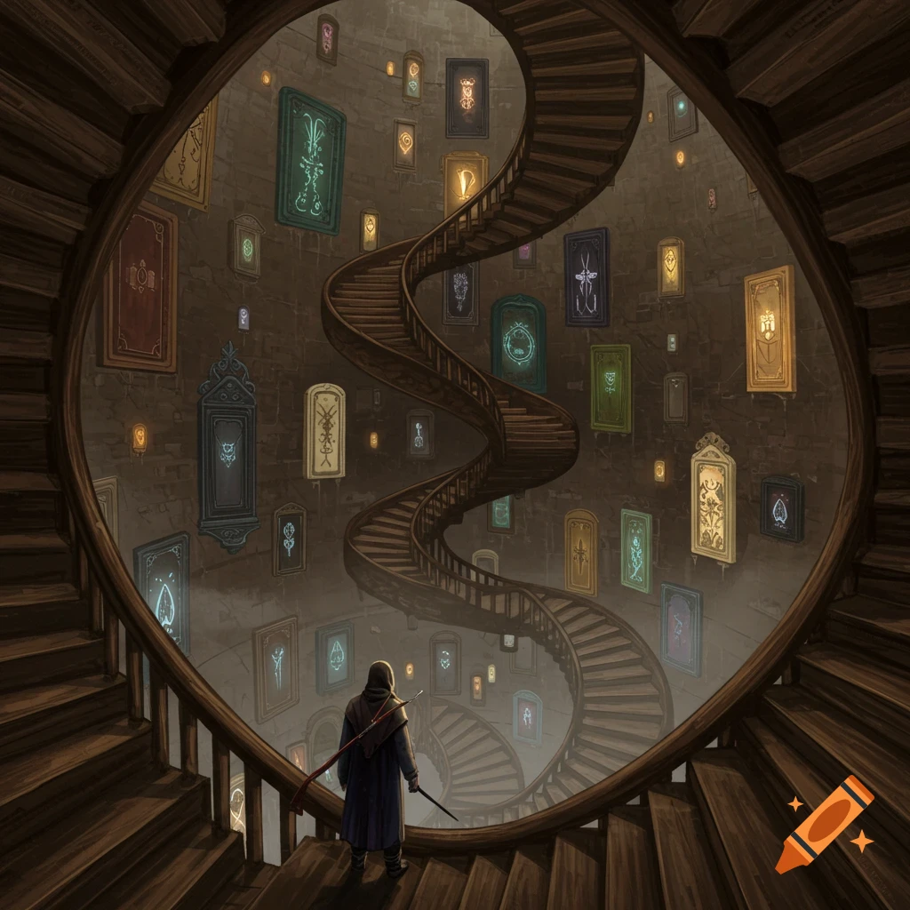 Figure on a spiral staircase in a tower lined with glowing doors.