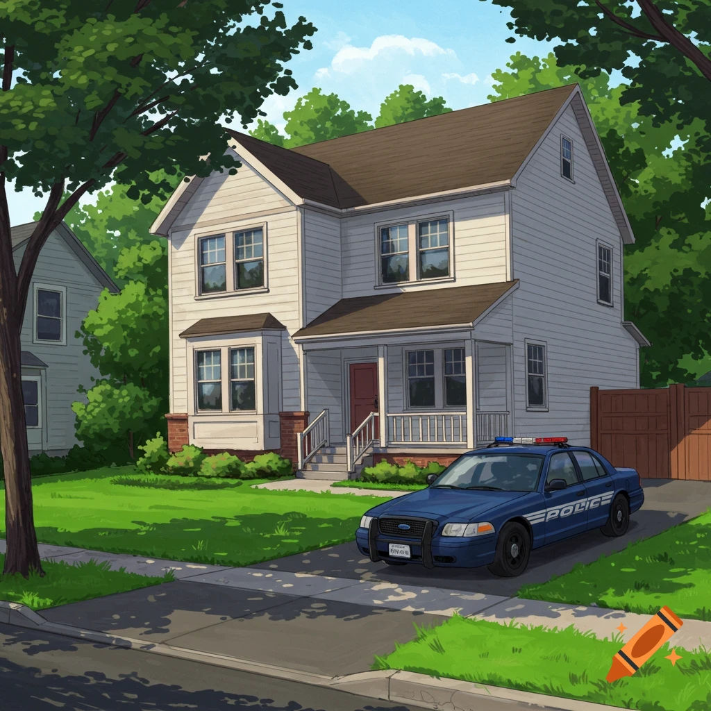 A white house with a police car parked in the driveway.
