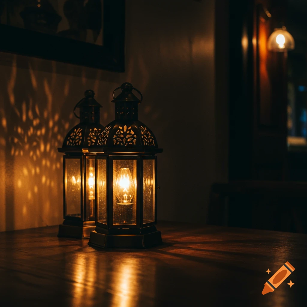 Two lit lanterns on a wooden table casting light and shadows.