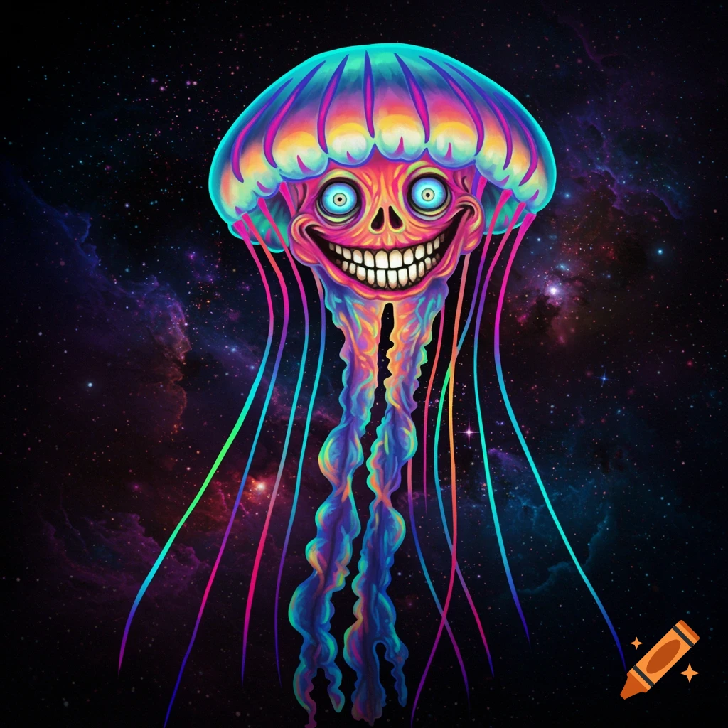 A psychedelic jellyfish with a wide grin and neon tentacles against a space nebula background.