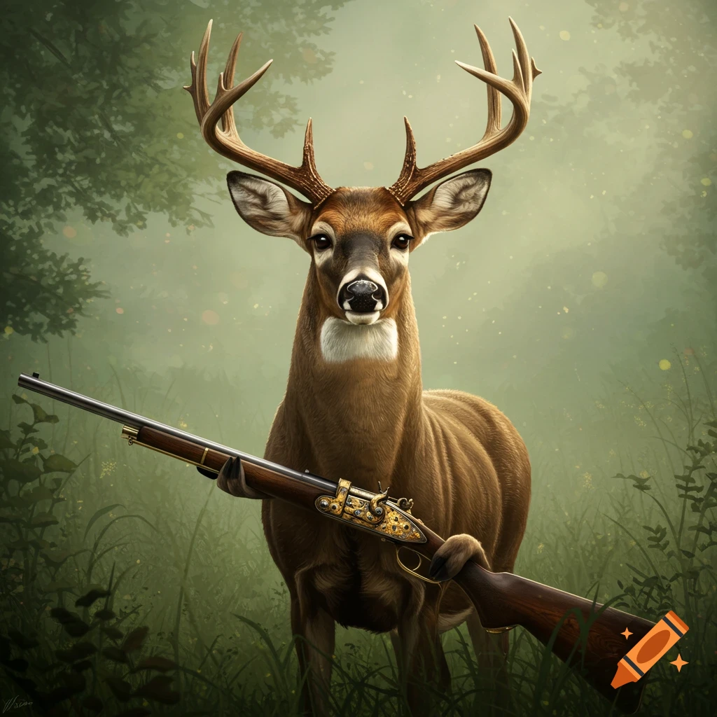 A deer stands in a forest holding a rifle in its hoof.