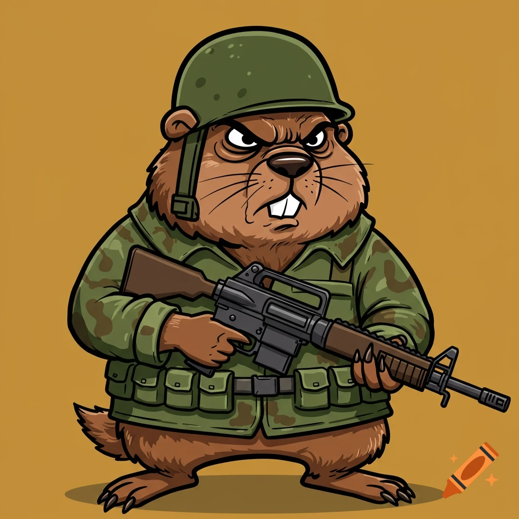 Cartoon groundhog in army gear holding a rifle.