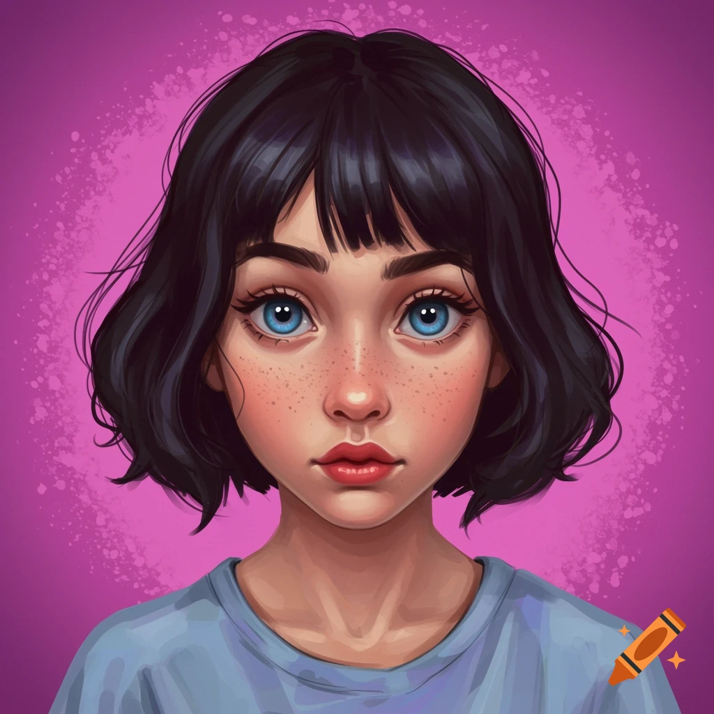 Portrait of a girl with blue eyes and short dark hair.