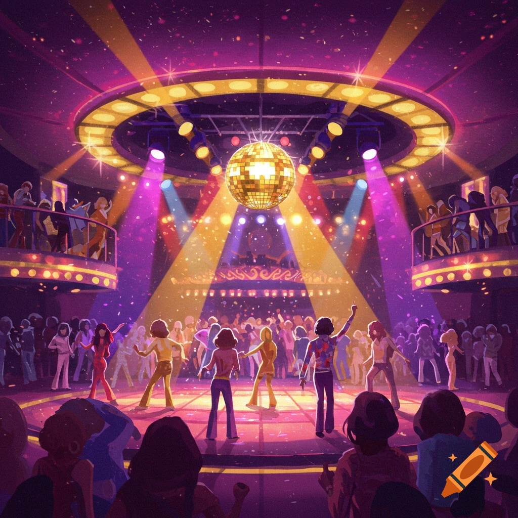 A crowded disco club with people dancing under a large disco ball and colorful spotlights.
