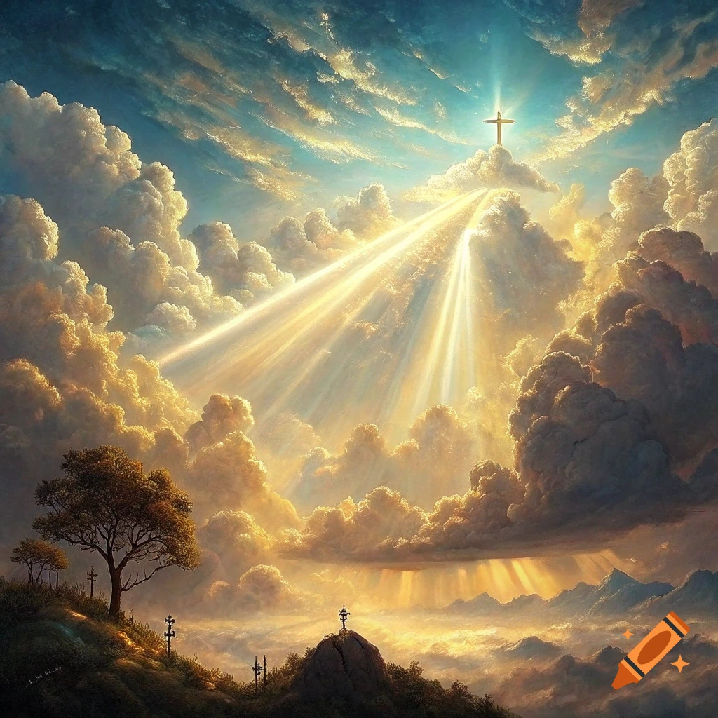 Dramatic sky with sun rays breaking through clouds over mountains and a cross on a peak.