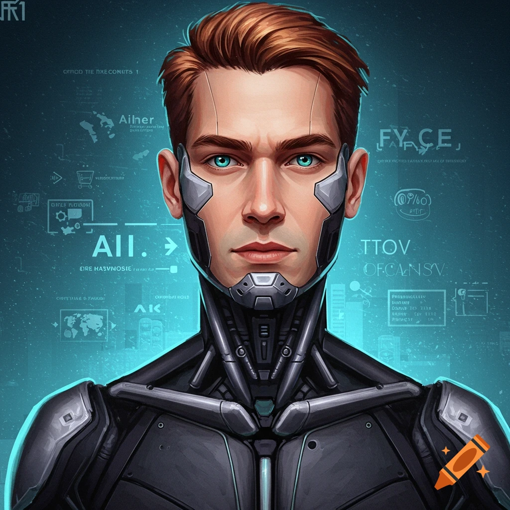 Bust of a male cyborg with glowing blue eyes and futuristic background overlays.