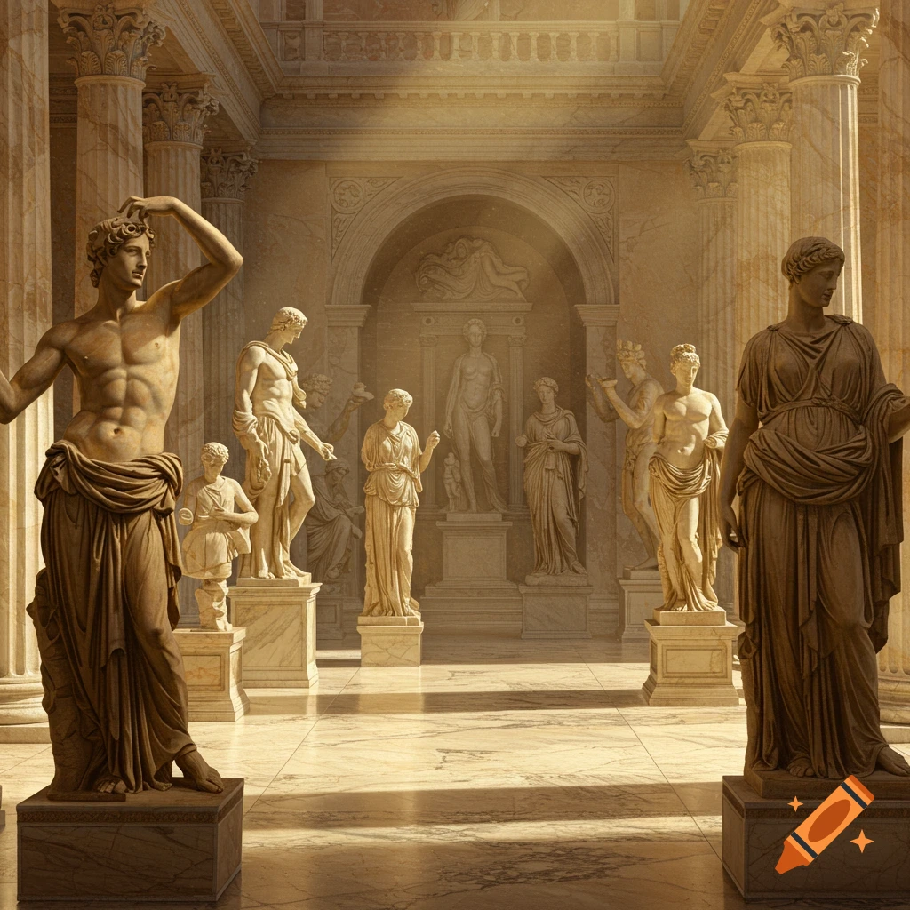 Roman statues in a grand hall with pillars and sunlight streaming in.
