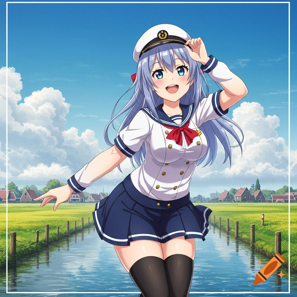 Anime girl in sailor uniform and cap standing by a canal in the Dutch countryside