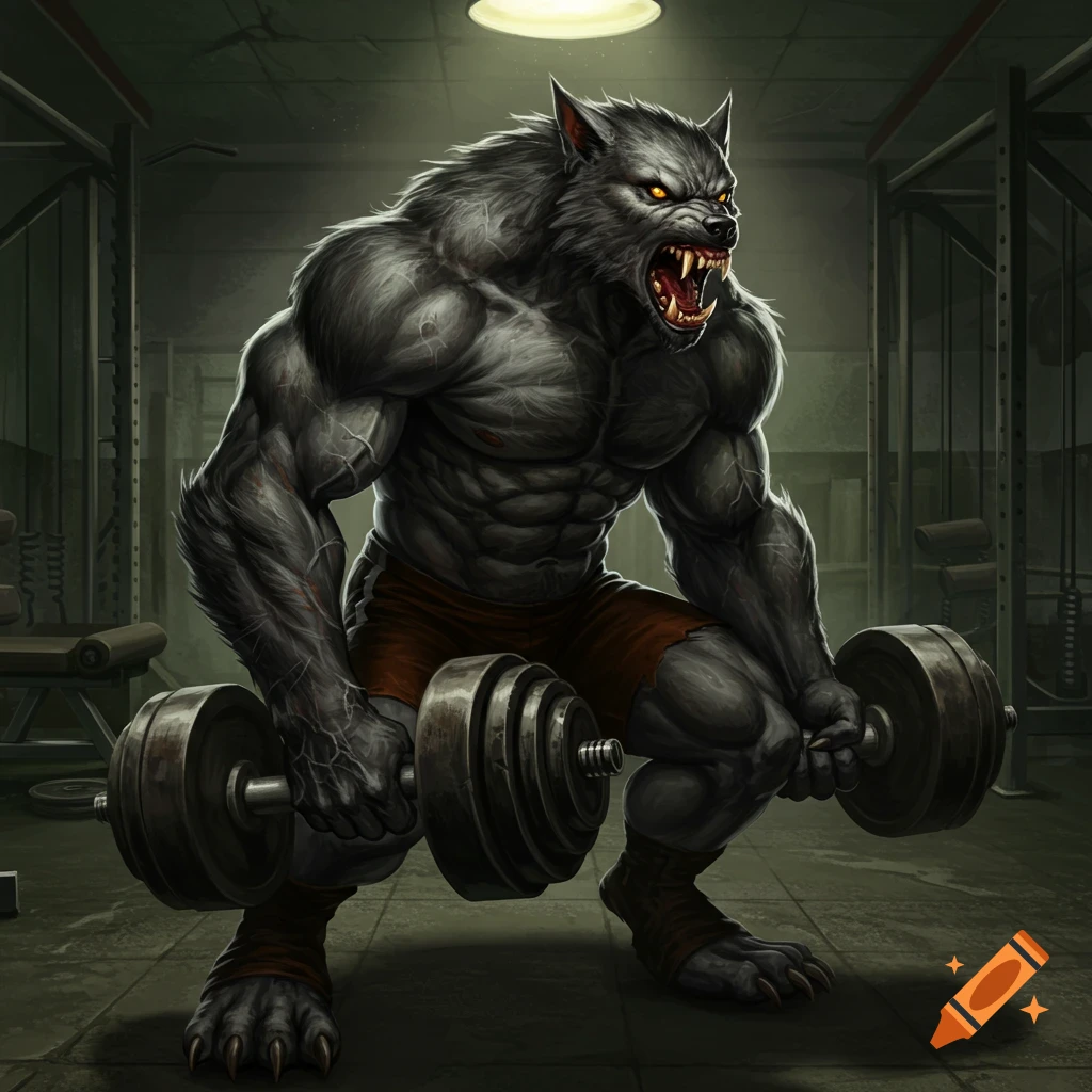 A muscular werewolf lifting weights in a gym.