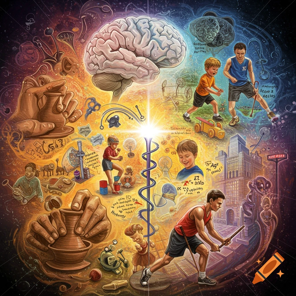 Surreal painting of a brain connected to activities like pottery, sports, play, and urban life.