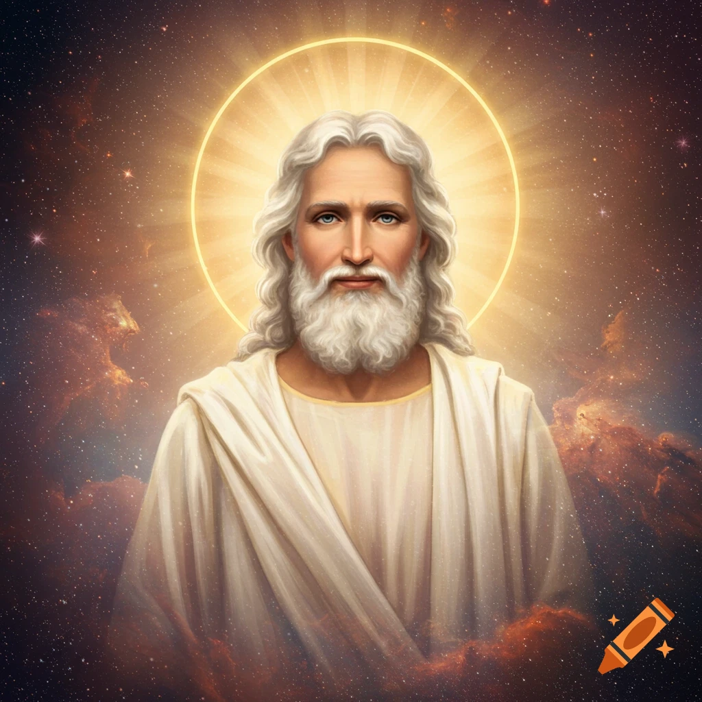 A divine figure with a halo and beard is depicted against a cosmic background.