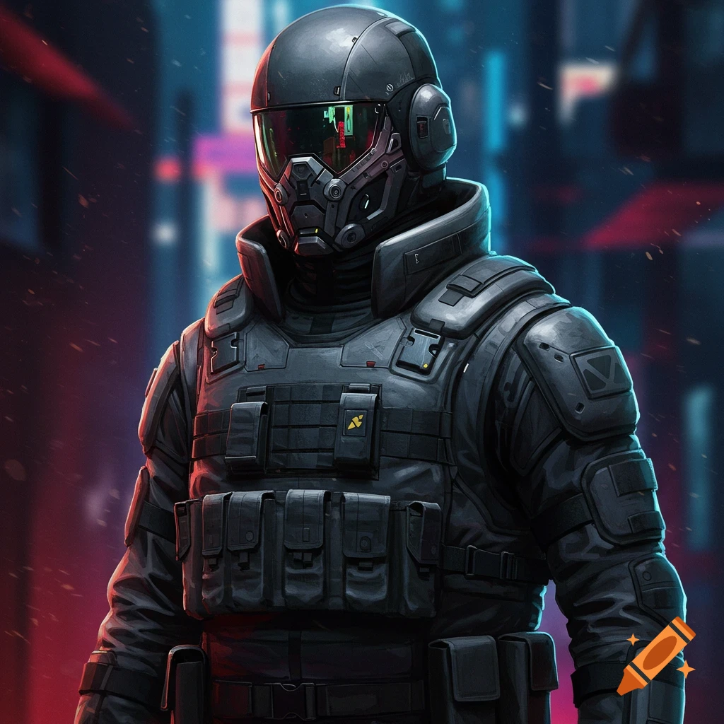 A person in bulky black armor and helmet against a blurry cyberpunk city background.