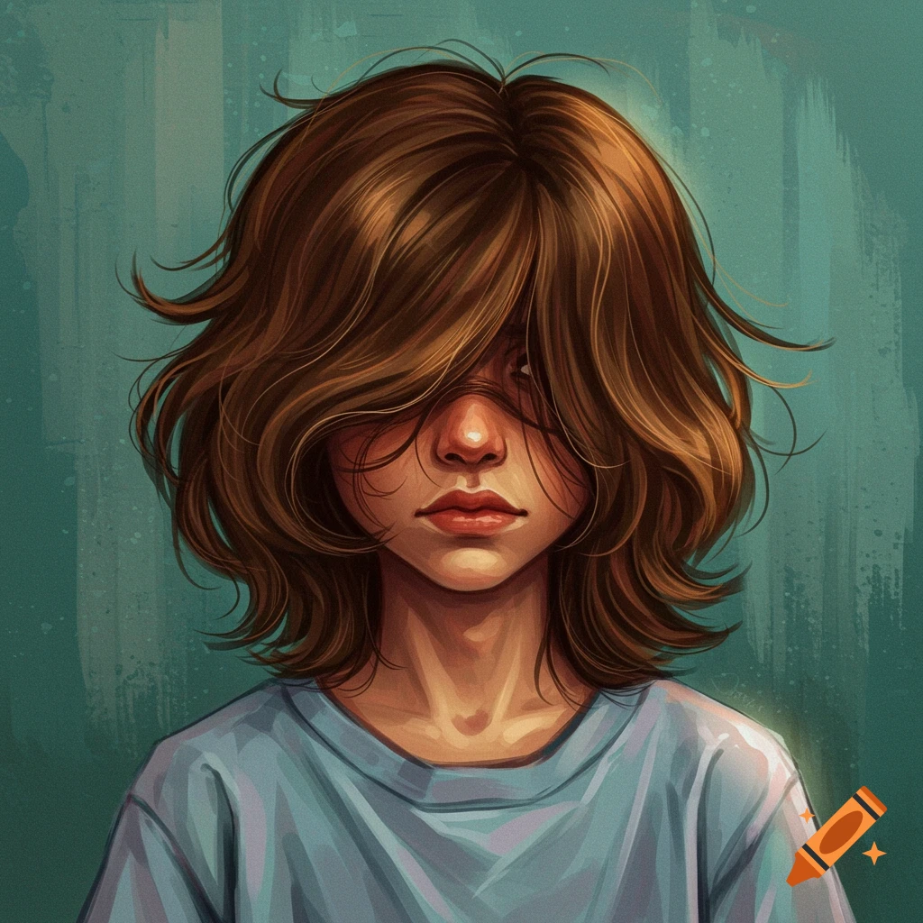 A young person with brown hair covering their eyes, wearing a blue t-shirt against a teal background.