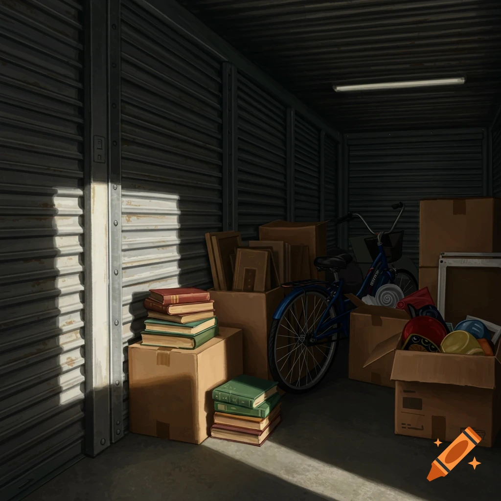 A cluttered storage unit filled with boxes, books, and a bicycle, with sunlight streaming in.
