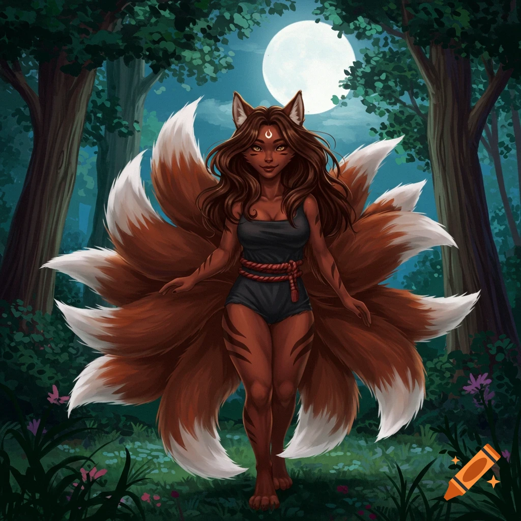 A kitsune woman with nine tails stands in a forest under the moonlight.