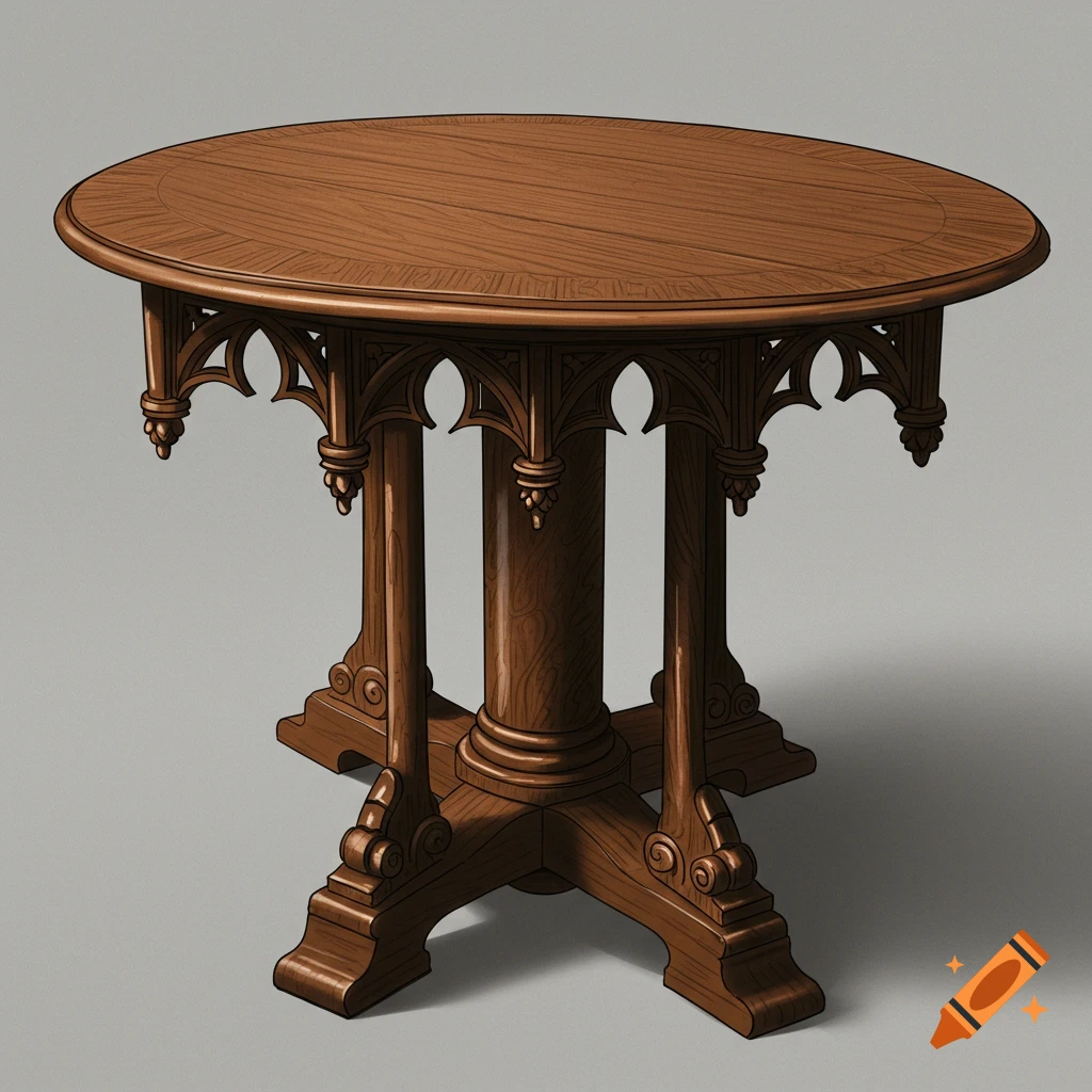 A wooden table combining Rococo, Gothic, and Queen Anne design styles.